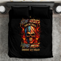 Black duvet and pillowcases featuring a colorful skull fireburst print