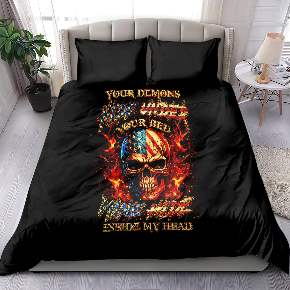 Black bedding set with fiery skull graphic and matching pillowcases