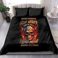 Black bedding set with fiery skull graphic and matching pillowcases