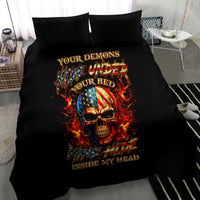 Black comforter bedding set with central skull artwork and two pillows