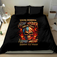 Black bedding set with bold colorful skull and flame graphic centerpiece