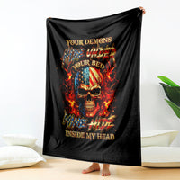 Black blanket hanging with fiery skull graphic and 'Inside my head' text