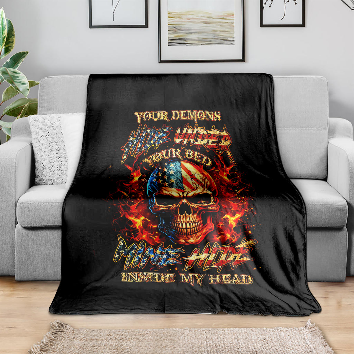Black fire skull blanket with flaming skull graphic and 'Inside my head' text