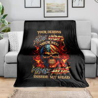 Black fire skull blanket with flaming skull graphic and 'Inside my head' text