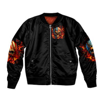 Unisex black bomber jacket with front fire skull print, zip front, ribbed hem cuffs