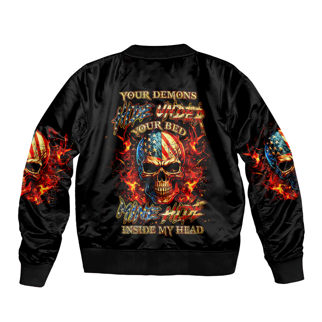 Unisex black bomber jacket with fire skull back graphic and ribbed collar cuffs