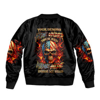 Unisex black bomber jacket with fire skull back graphic and ribbed collar cuffs