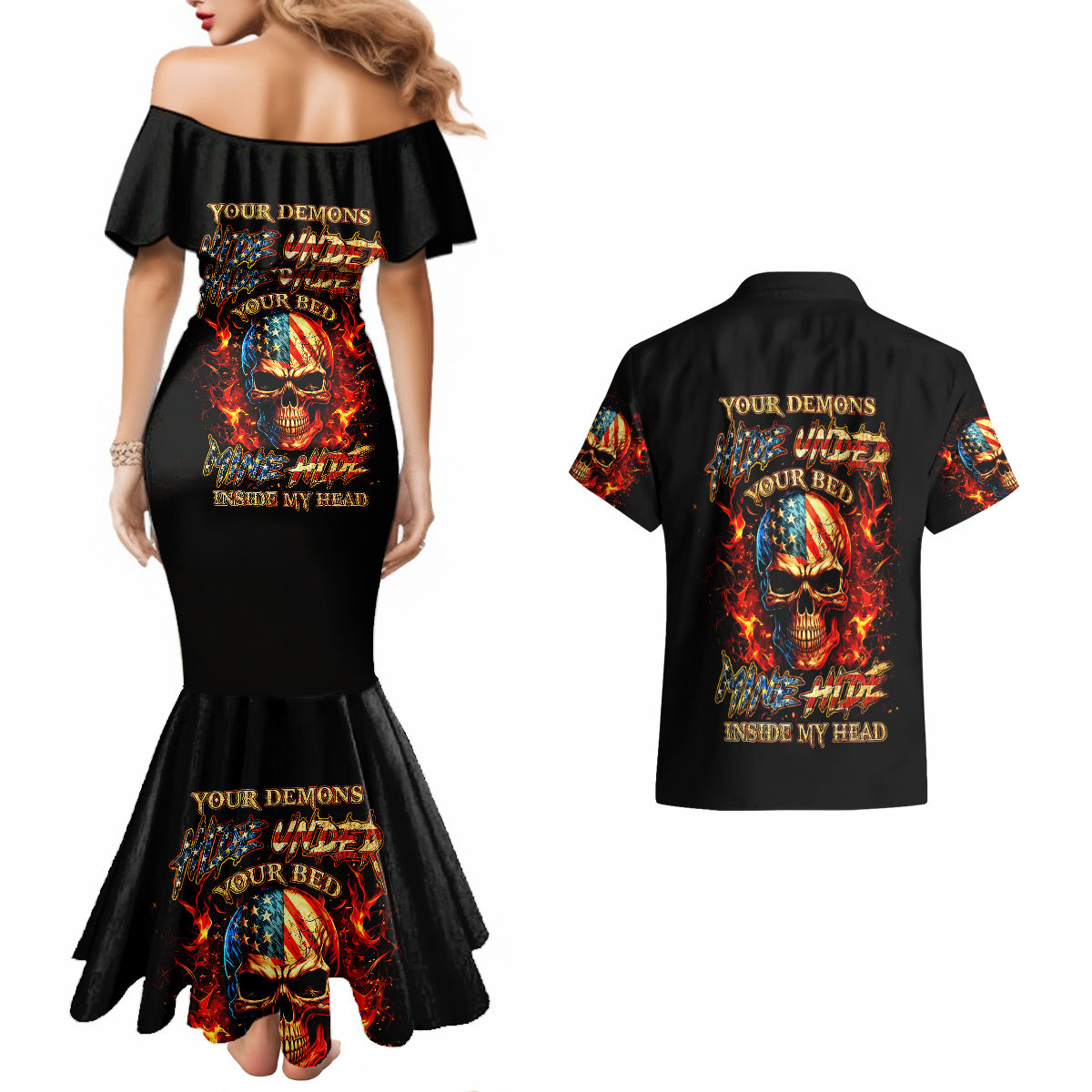 Fire Skull Couples Matching Mermaid Dress and Hawaiian Shirt My Demon Hide Inside My Head - Wonder Print Shop