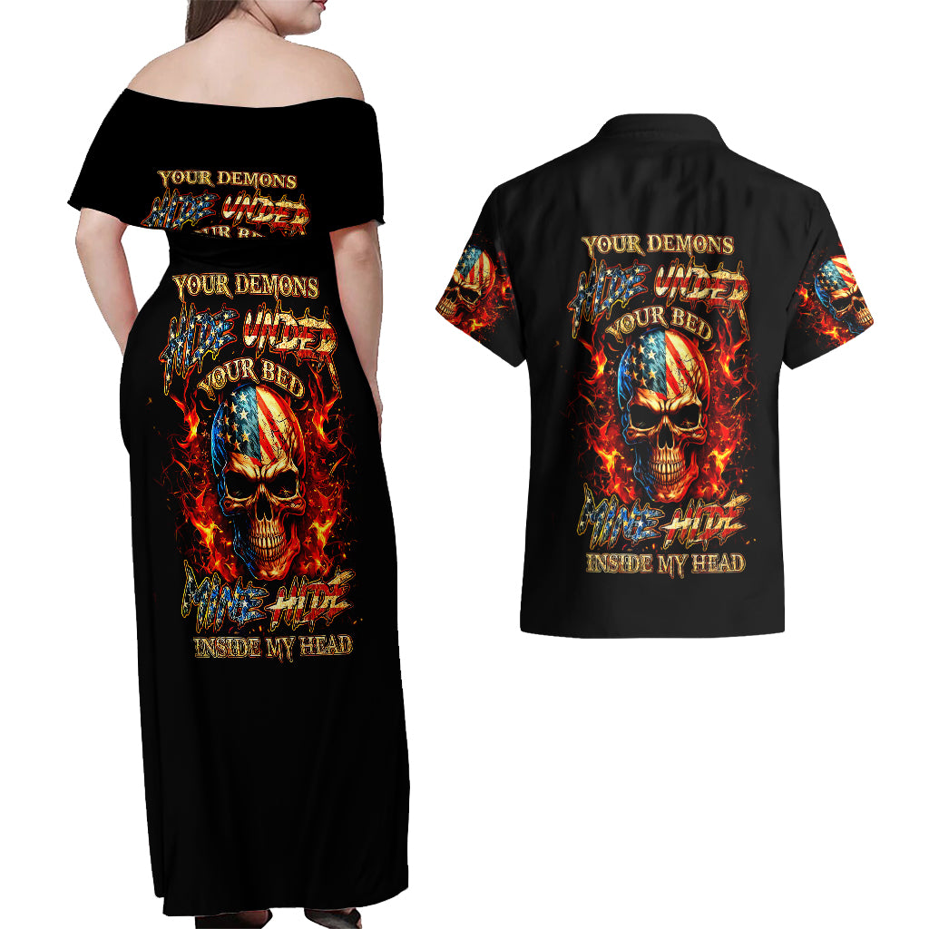 Fire Skull Couples Matching Off Shoulder Maxi Dress and Hawaiian Shirt My Demon Hide Inside My Head - Wonder Print Shop