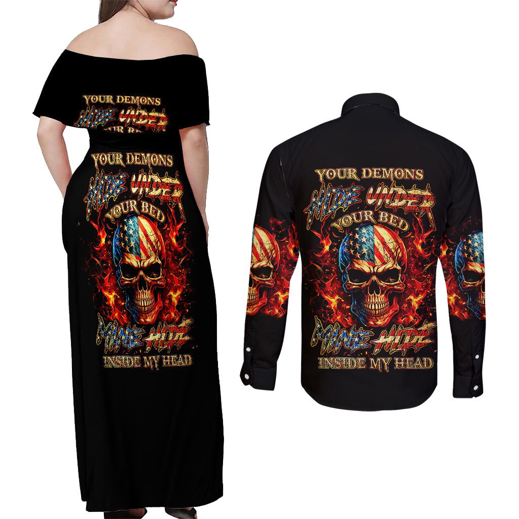 Fire Skull Couples Matching Off Shoulder Maxi Dress and Long Sleeve Button Shirts My Demon Hide Inside My Head - Wonder Print Shop