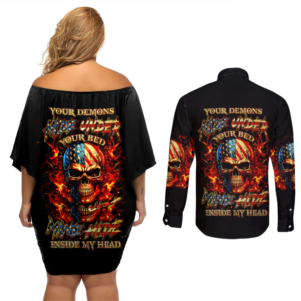 Fire Skull Couples Matching Off Shoulder Short Dress and Long Sleeve Button Shirts My Demon Hide Inside My Head - Wonder Print Shop