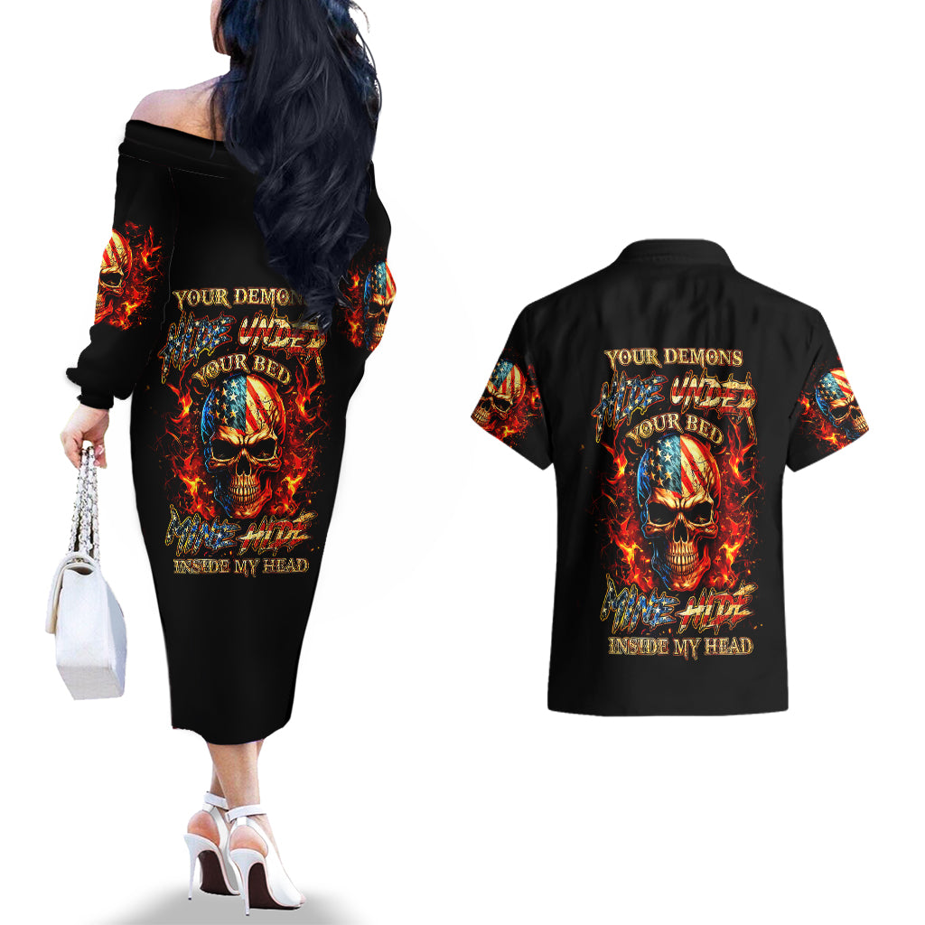 Fire Skull Couples Matching Off The Shoulder Long Sleeve Dress and Hawaiian Shirt My Demon Hide Inside My Head - Wonder Print Shop