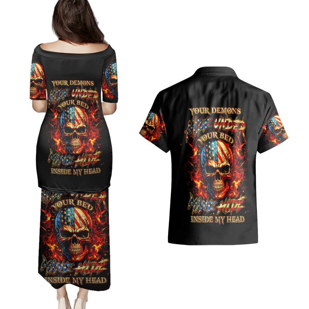 Fire Skull Couples Matching Puletasi Dress and Hawaiian Shirt My Demon Hide Inside My Head - Wonder Print Shop