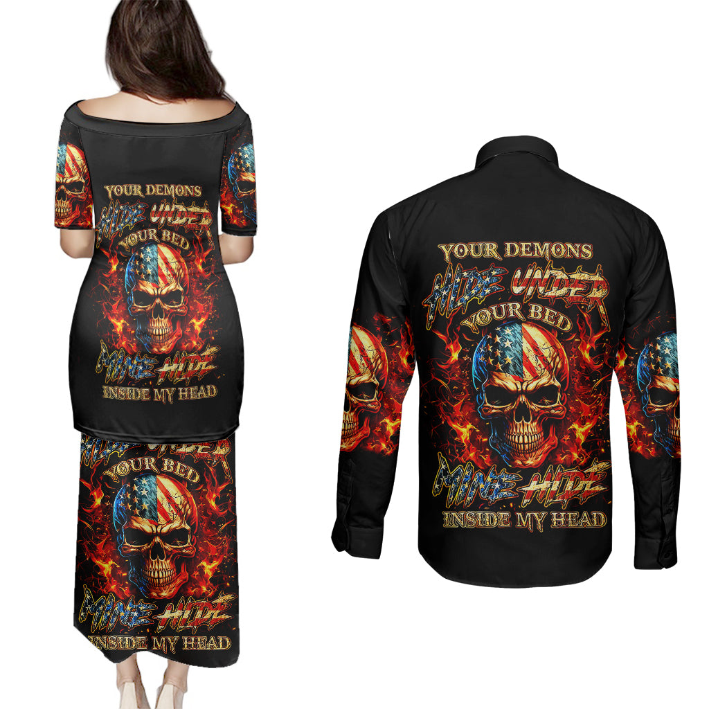 Fire Skull Couples Matching Puletasi Dress and Long Sleeve Button Shirts My Demon Hide Inside My Head - Wonder Print Shop