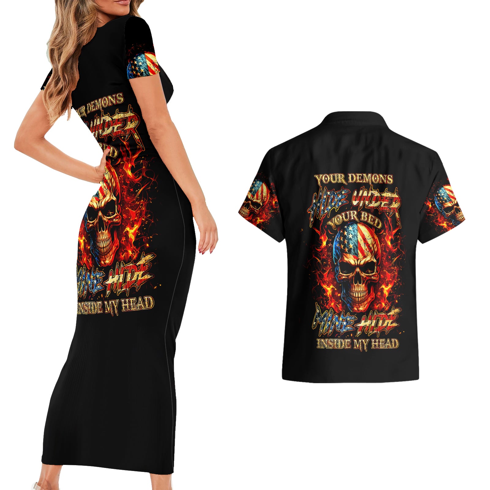 Fire Skull Couples Matching Short Sleeve Bodycon Dress and Hawaiian Shirt My Demon Hide Inside My Head - Wonder Print Shop