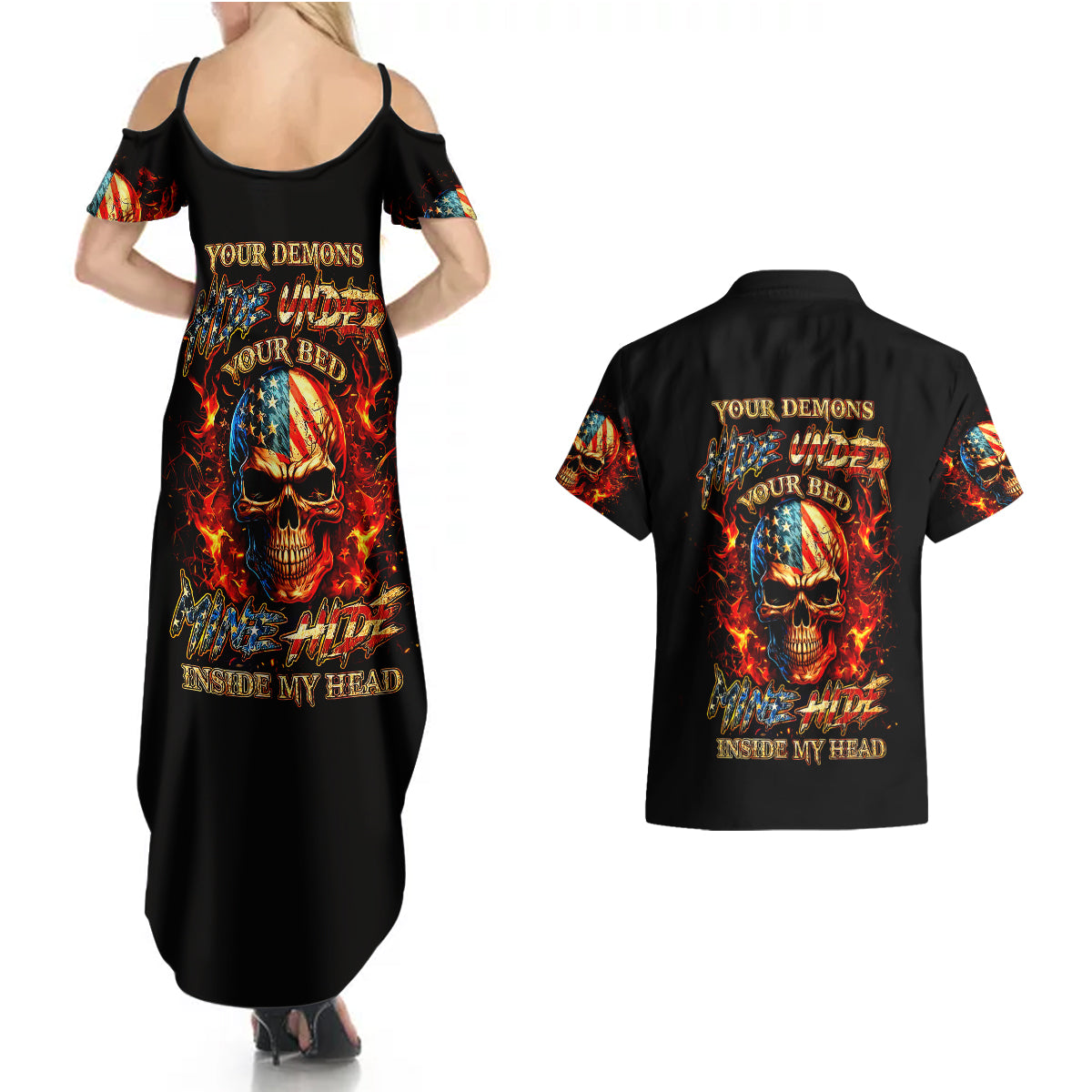 Fire Skull Couples Matching Summer Maxi Dress and Hawaiian Shirt My Demon Hide Inside My Head - Wonder Print Shop