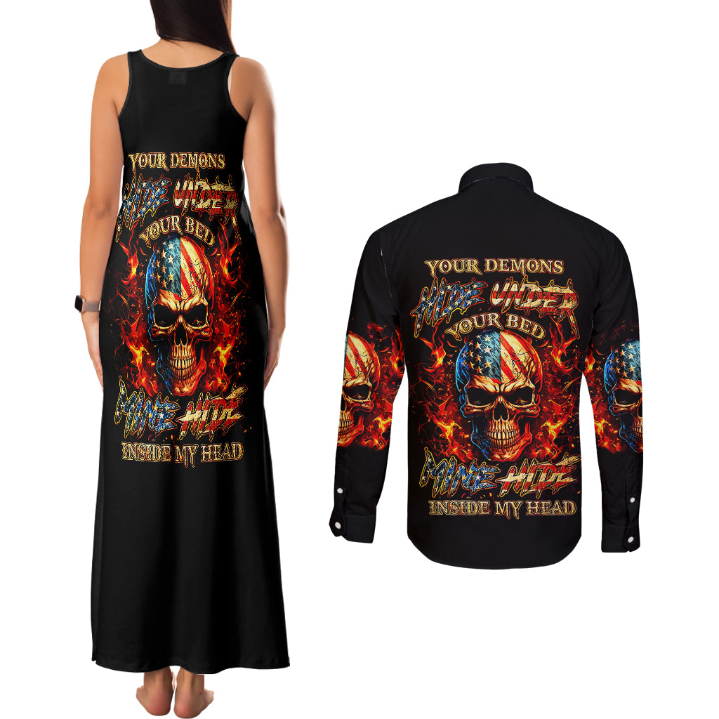 Fire Skull Couples Matching Tank Maxi Dress and Long Sleeve Button Shirts My Demon Hide Inside My Head - Wonder Print Shop