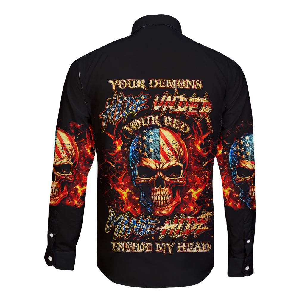 Fire Skull Long Sleeve Button Shirt My Demon Hide Inside My Head - Wonder Print Shop