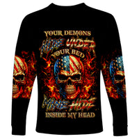 Black long sleeve shirt with fire skull front graphic and patriotic flames on sleeves