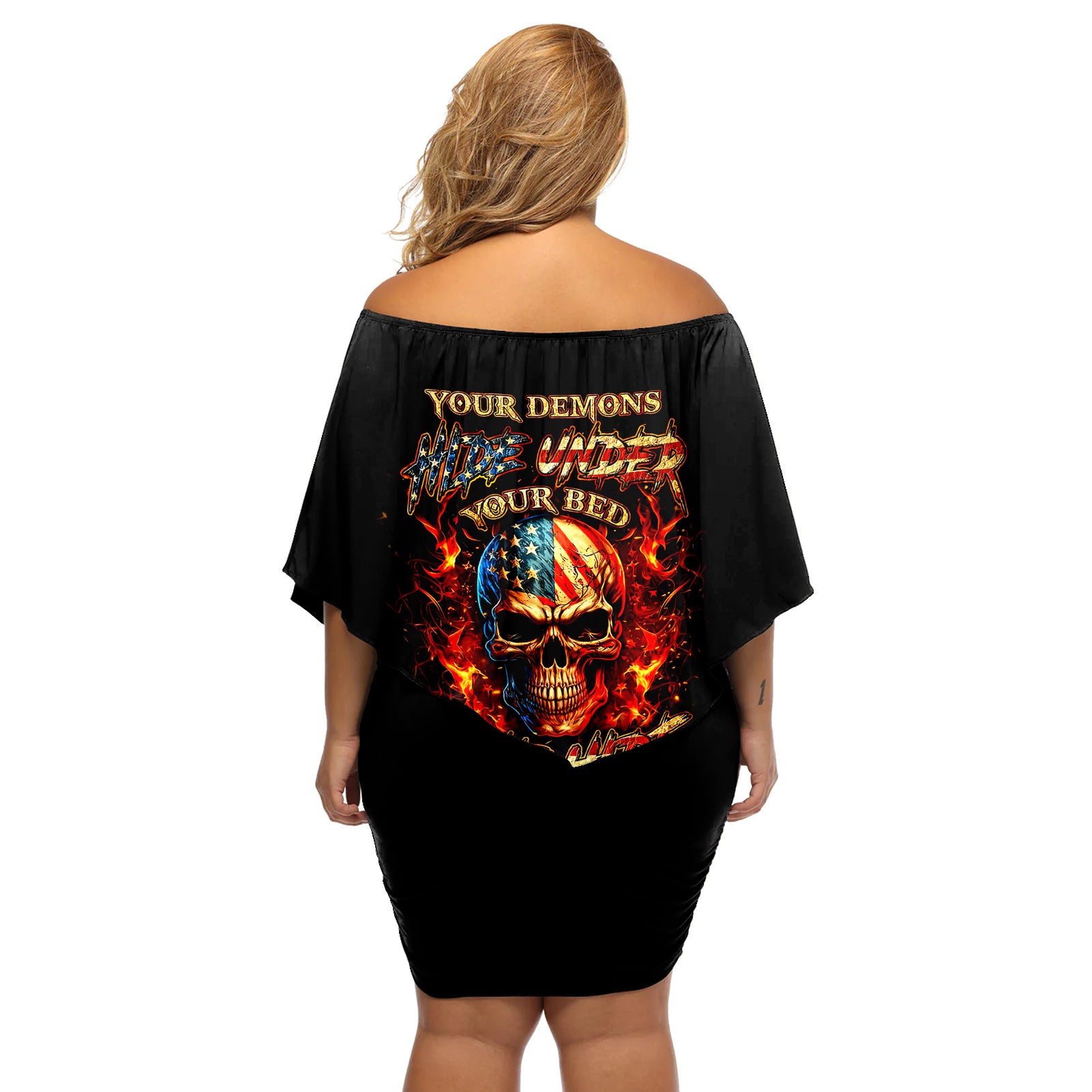 Fire Skull Off Shoulder Short Dress My Demon Hide Inside My Head - Wonder Print Shop