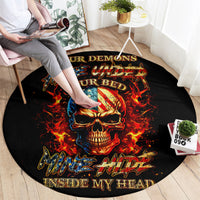 Black round carpet rug with fiery skull graphic, flames, and colorful gothic-style text