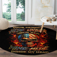 Black round carpet rug with flaming skull graphic and colorful stars-and-stripes detail