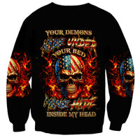 Black unisex sweatshirt with fire skull graphic, flames and graphic text, long sleeves