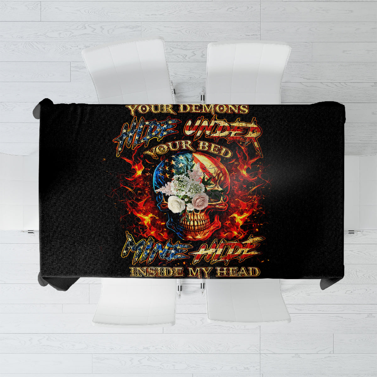 Black tablecloth with colorful fire-skull center print