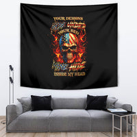 Black tapestry with fiery skull graphic and inside my head lettering