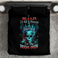Black duvet bedding set with blue skull crown graphic and matching pillow fronts