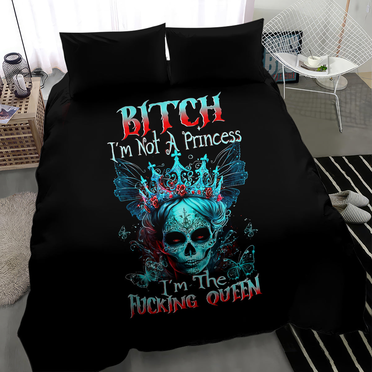 Black bedding set featuring blue skull crown graphic with “I’m Not a Princess” text