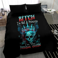 Black bedding set featuring blue skull crown graphic with “I’m Not a Princess” text