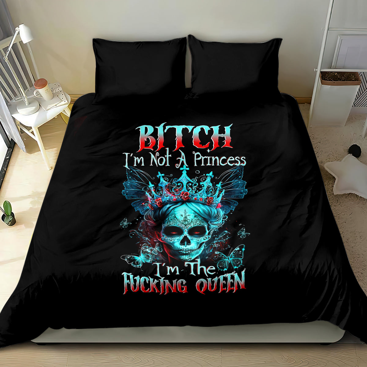 Black duvet and pillow set with blue skull crown artwork and bold queen lettering