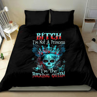 Black duvet and pillow set with blue skull crown artwork and bold queen lettering