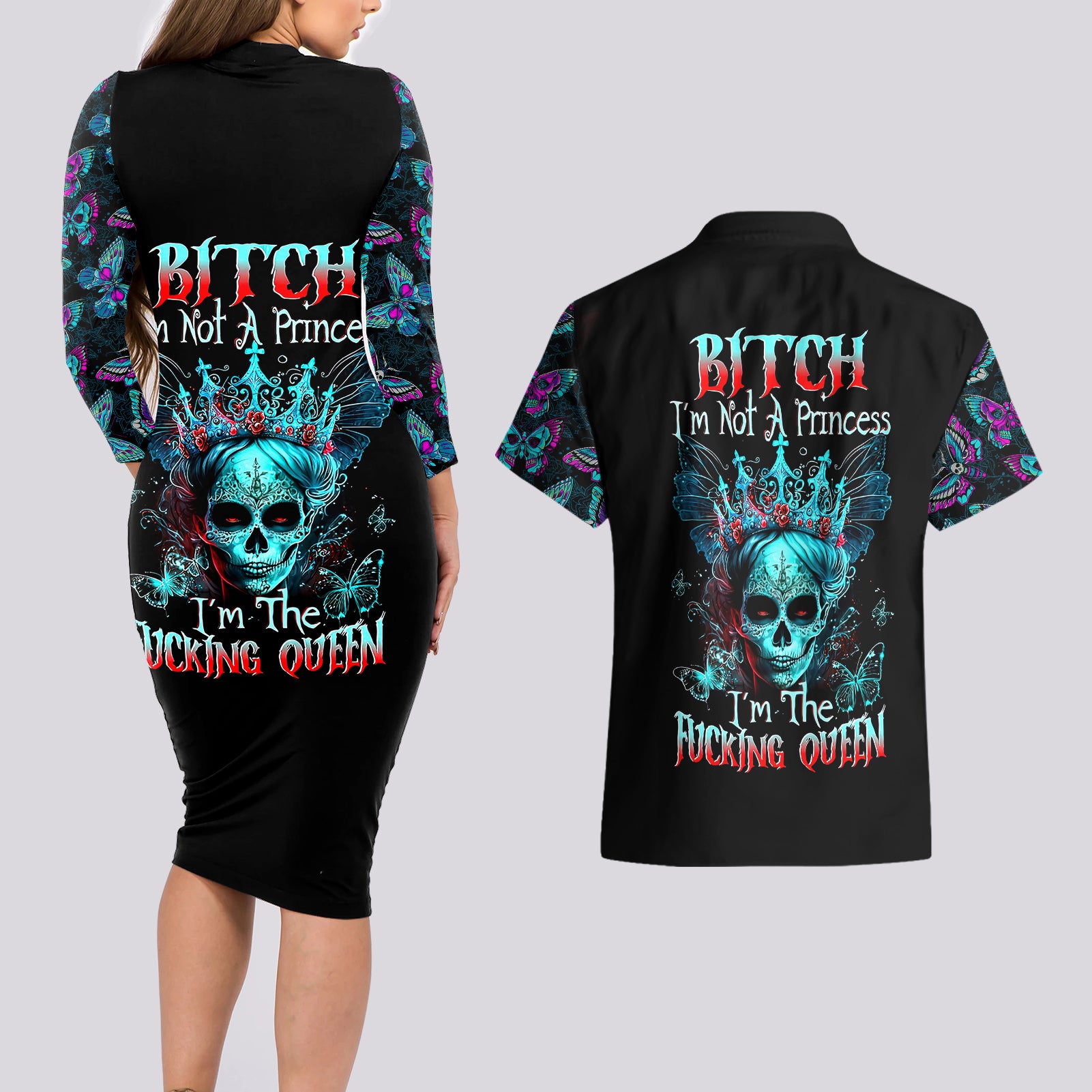 Día de los Muertos Skull Couples Matching Long Sleeve Bodycon Dress and Hawaiian Shirt I'm Not A Princess I'm The Queen - Wonder Print Shop