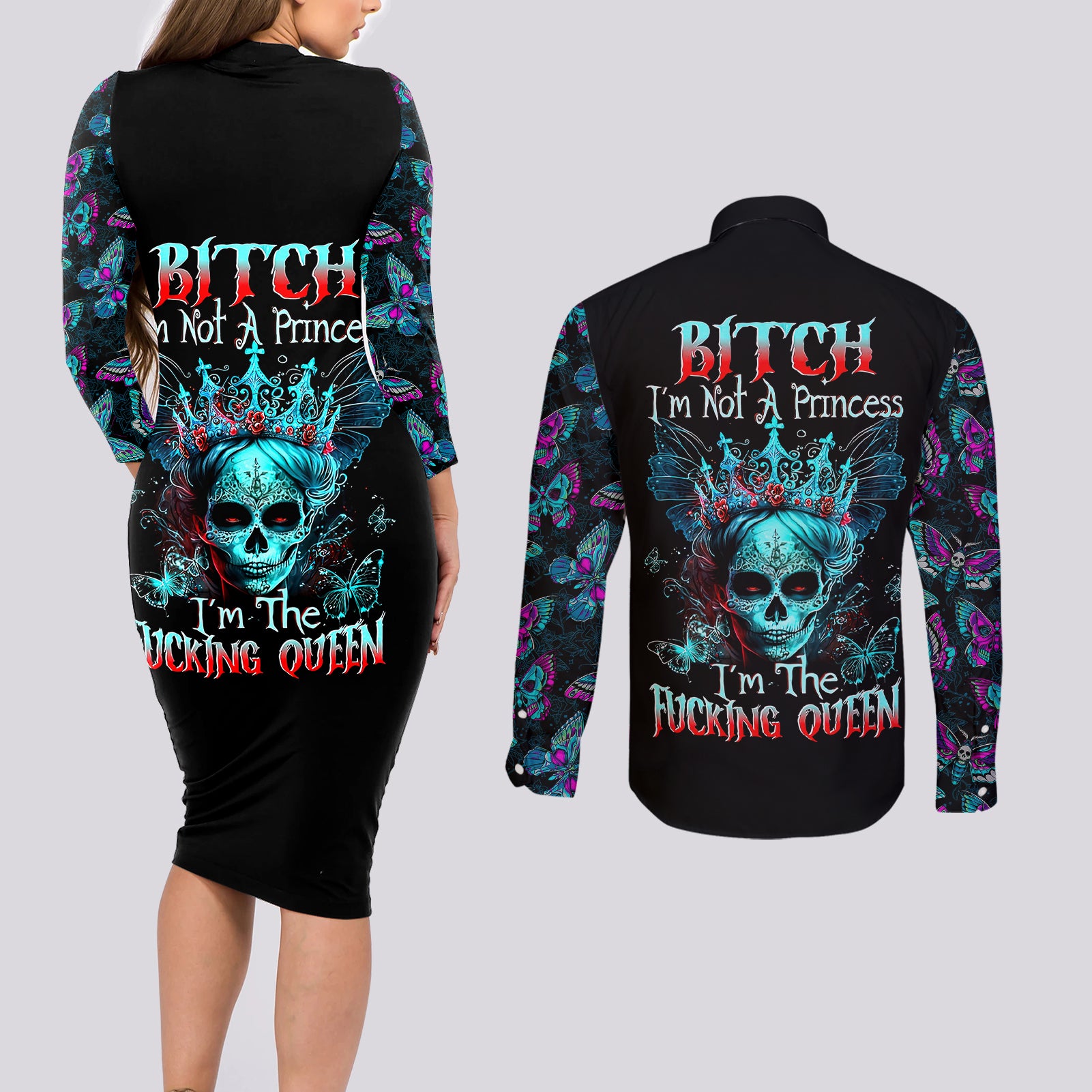 Día de los Muertos Skull Couples Matching Long Sleeve Bodycon Dress and Long Sleeve Button Shirts I'm Not A Princess I'm The Queen - Wonder Print Shop