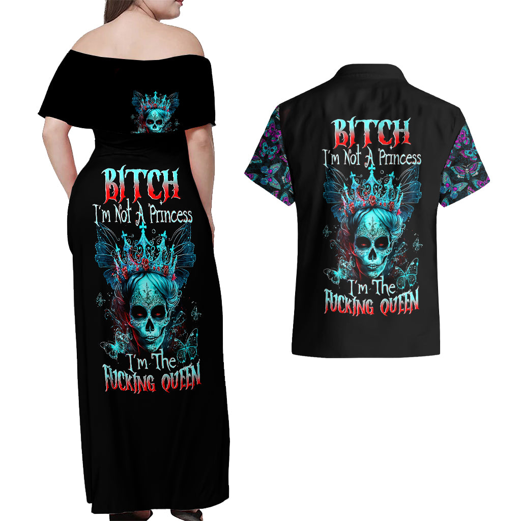 Día de los Muertos Skull Couples Matching Off Shoulder Maxi Dress and Hawaiian Shirt I'm Not A Princess I'm The Queen - Wonder Print Shop