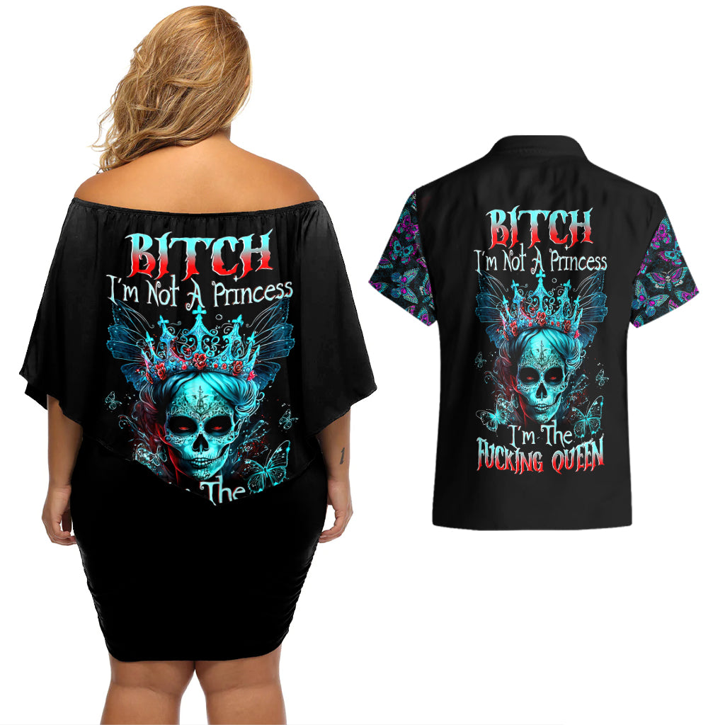 Día de los Muertos Skull Couples Matching Off Shoulder Short Dress and Hawaiian Shirt I'm Not A Princess I'm The Queen - Wonder Print Shop