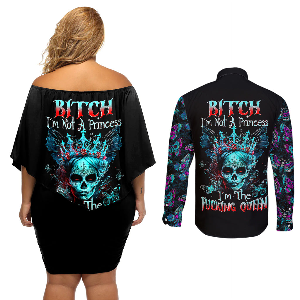 Día de los Muertos Skull Couples Matching Off Shoulder Short Dress and Long Sleeve Button Shirts I'm Not A Princess I'm The Queen - Wonder Print Shop