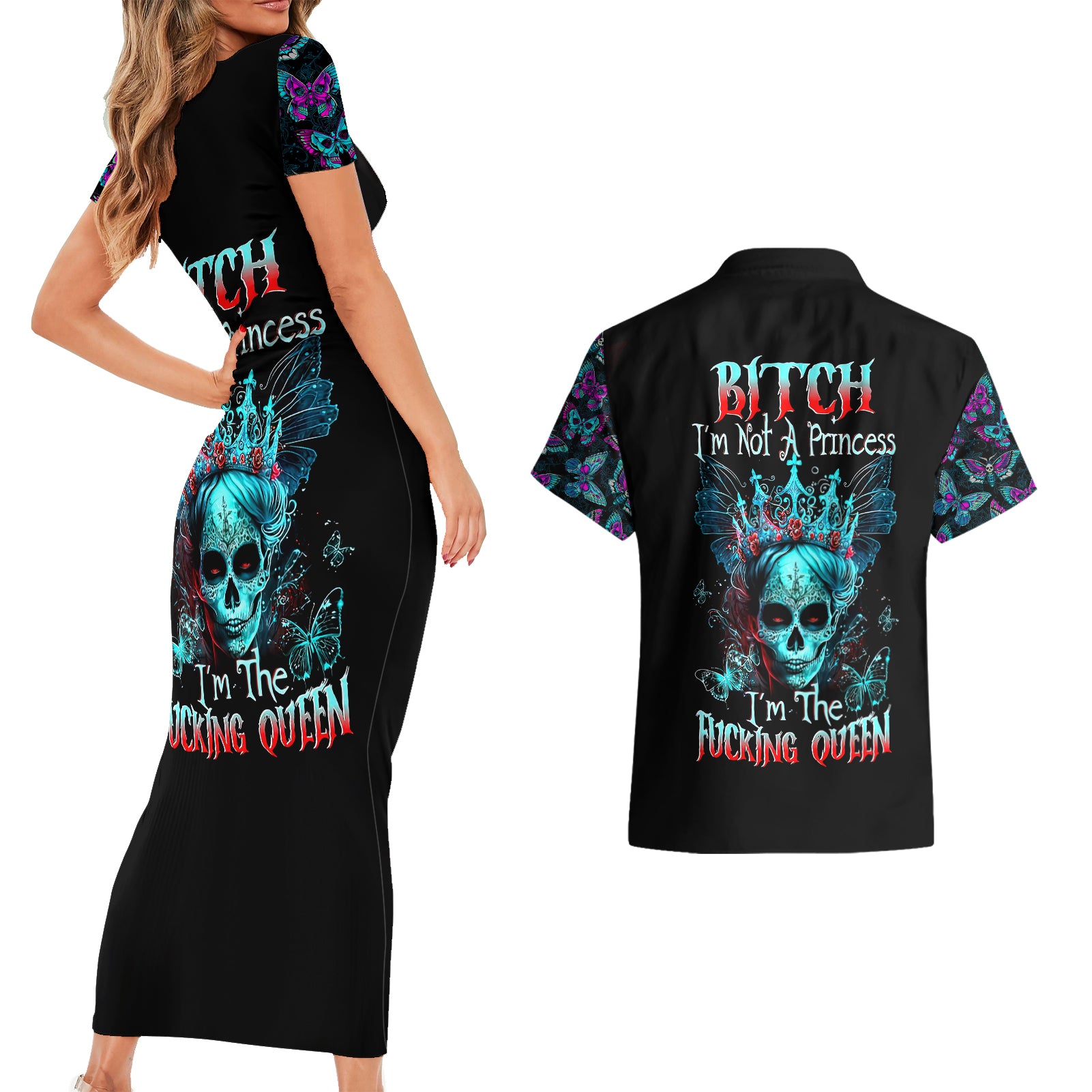 Día de los Muertos Skull Couples Matching Short Sleeve Bodycon Dress and Hawaiian Shirt I'm Not A Princess I'm The Queen - Wonder Print Shop