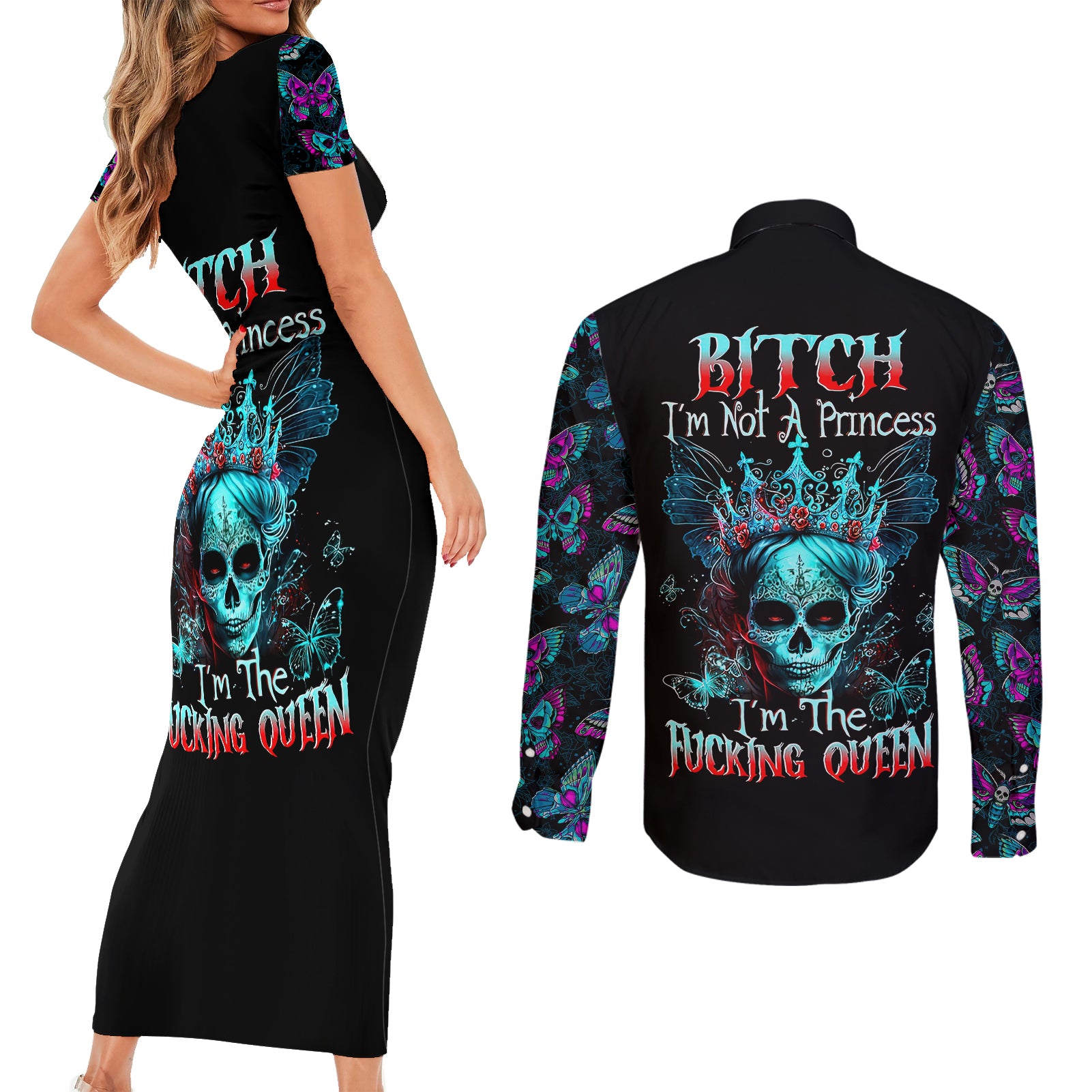 Día de los Muertos Skull Couples Matching Short Sleeve Bodycon Dress and Long Sleeve Button Shirts I'm Not A Princess I'm The Queen - Wonder Print Shop