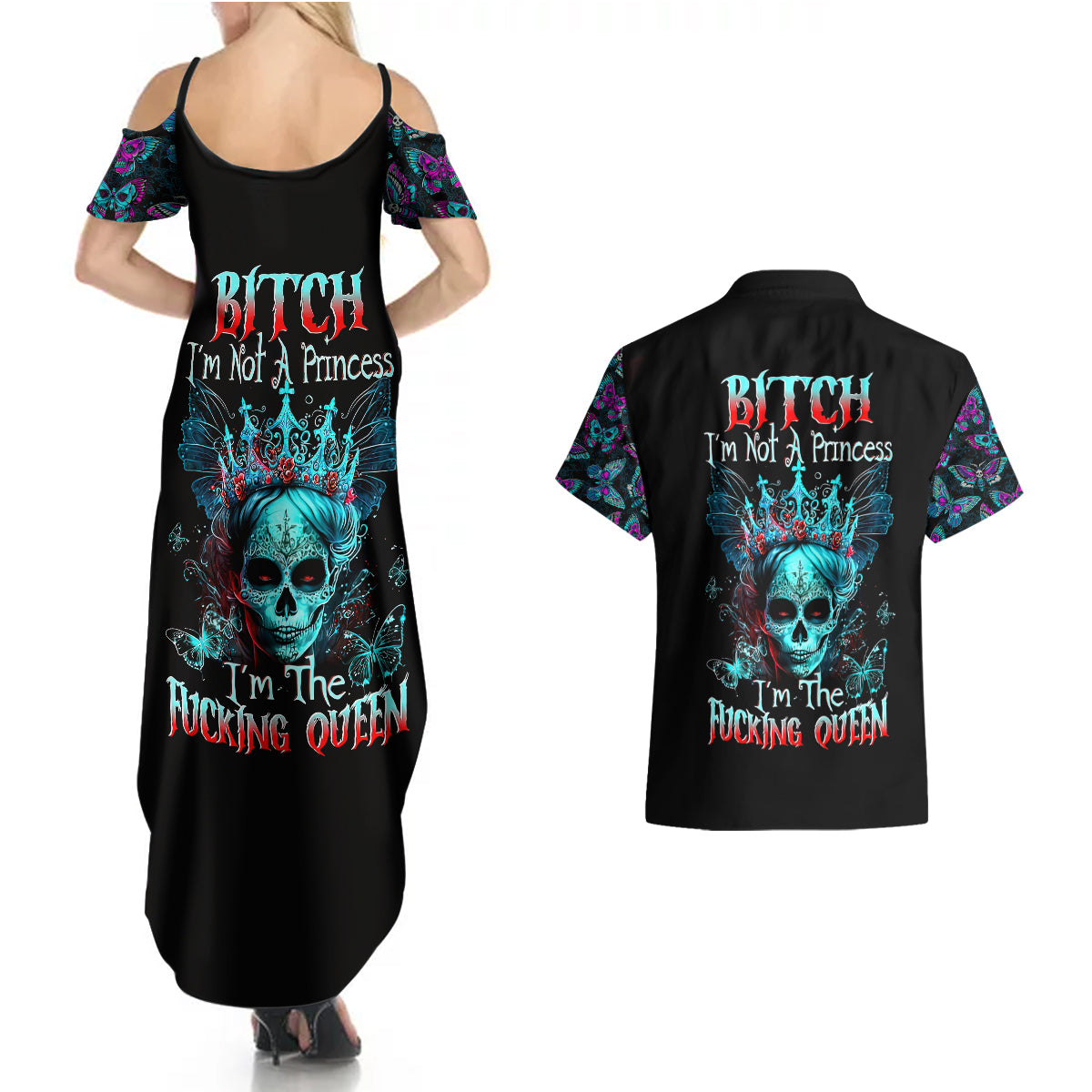 Día de los Muertos Skull Couples Matching Summer Maxi Dress and Hawaiian Shirt I'm Not A Princess I'm The Queen - Wonder Print Shop