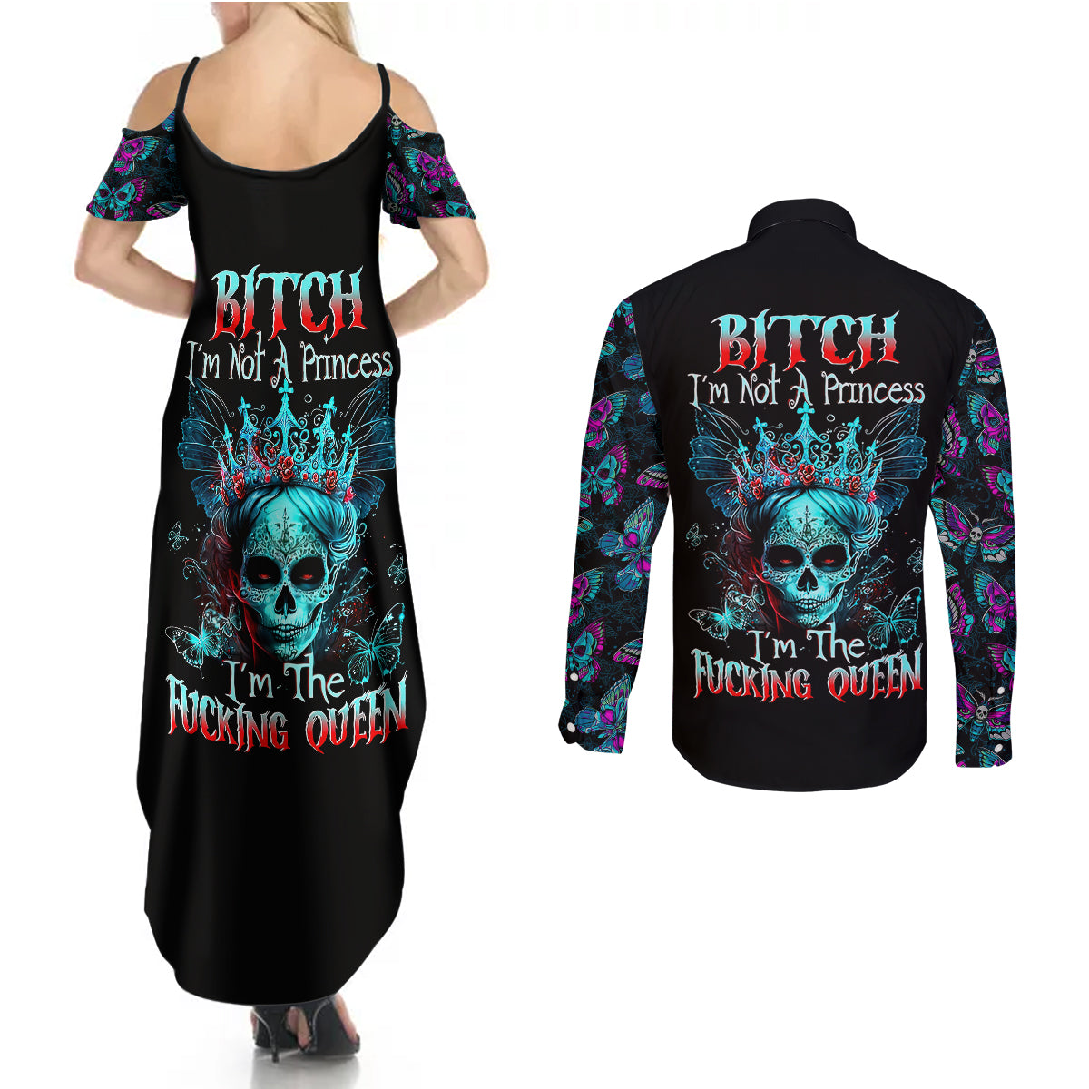 Día de los Muertos Skull Couples Matching Summer Maxi Dress and Long Sleeve Button Shirts I'm Not A Princess I'm The Queen - Wonder Print Shop