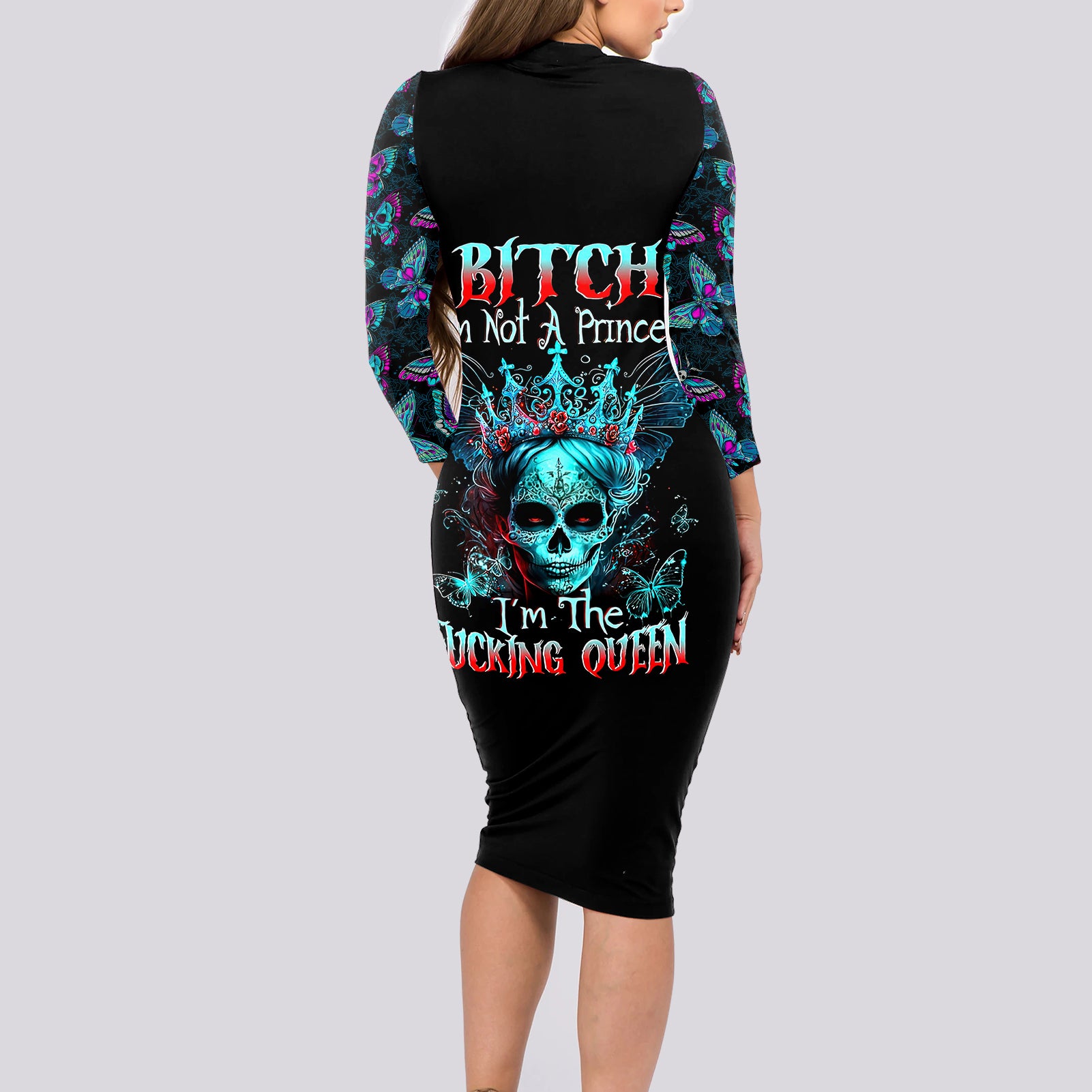 Día de los Muertos Skull Long Sleeve Bodycon Dress I'm Not A Princess I'm The Queen - Wonder Print Shop