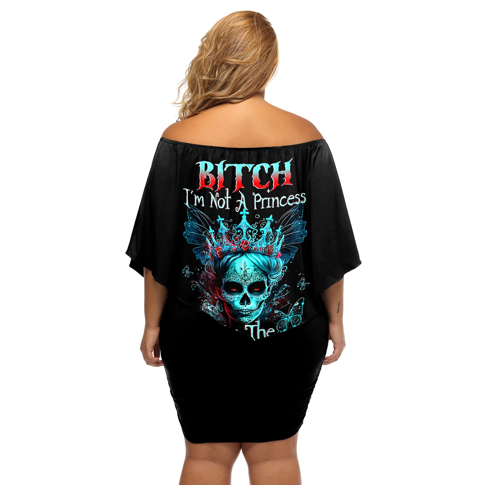 Día de los Muertos Skull Off Shoulder Short Dress I'm Not A Princess I'm The Queen - Wonder Print Shop