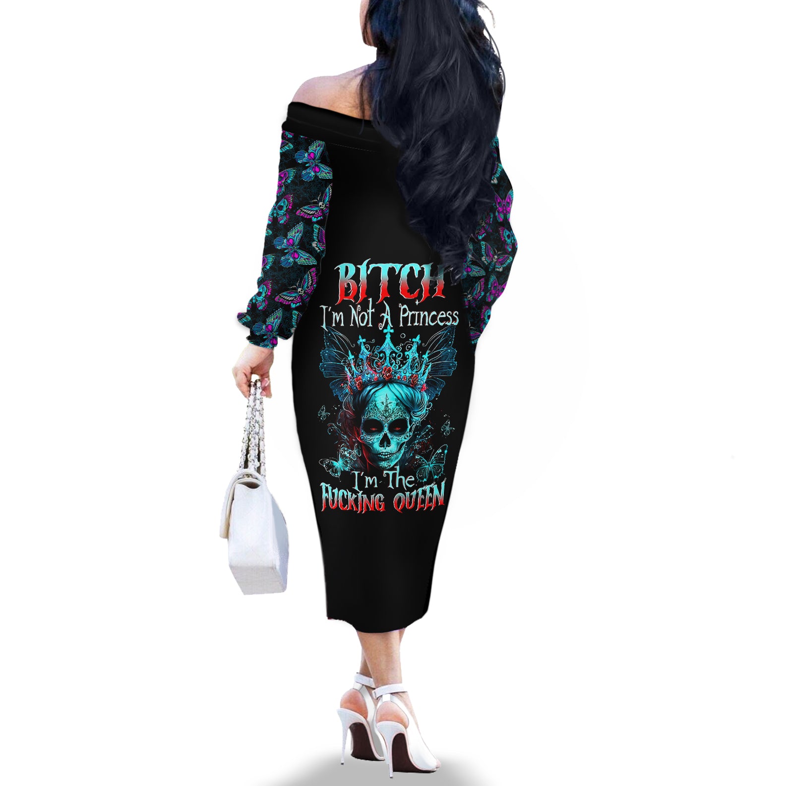 Día de los Muertos Skull Off The Shoulder Long Sleeve Dress I'm Not A Princess I'm The Queen - Wonder Print Shop