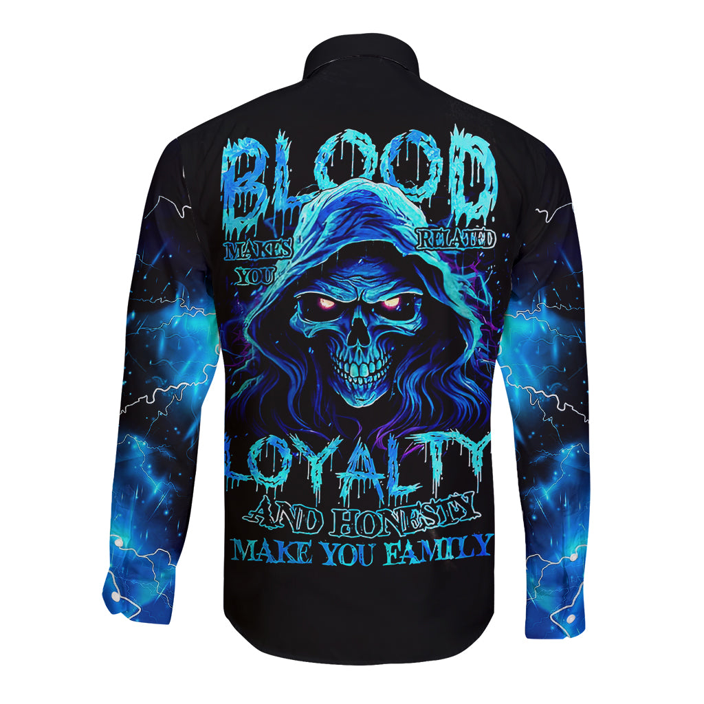 Blue Flame Skull Long Sleeve Button Shirt Blood Make You Related - Wonder Print Shop