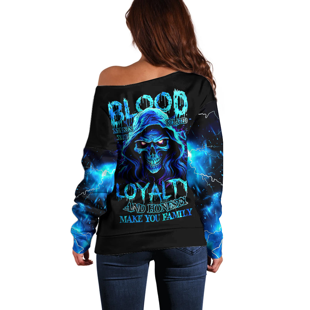 Blue Flame Skull Off Shoulder Sweater Blood Make You Related - Wonder Print Shop