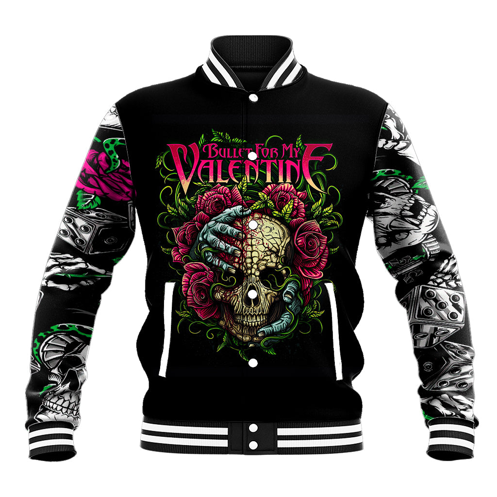 Black unisex skull baseball jacket, striped rib collar and cuffs, colorful front artwork