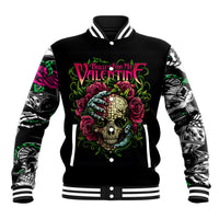 Black unisex skull baseball jacket, striped rib collar and cuffs, colorful front artwork